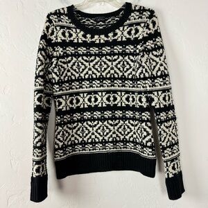 Theory Sweater Pullover Crew Neck Fair Isle‎ Printed White Black Wool Thick Knit